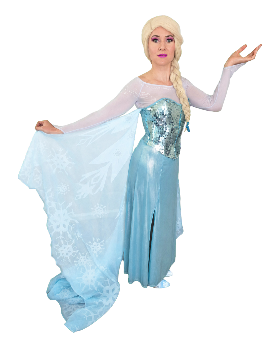 Snow princess performer in a silver and pale blue costume with a flowing cape